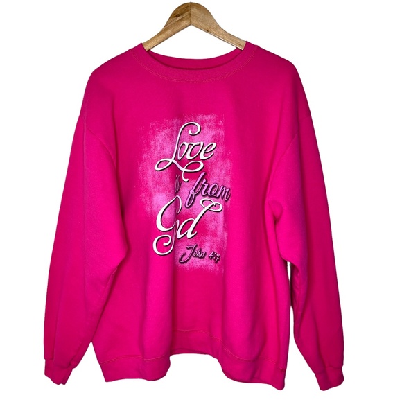 Y2K Hot Pink Crewneck Sweatshirt with Bible Verse "Love is from God" -John 4:7" - Picture 1 of 3